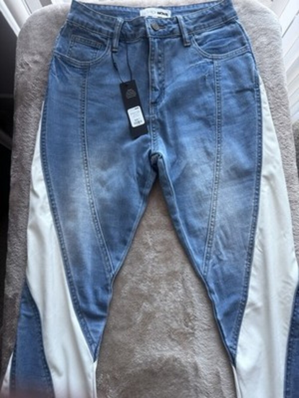 Fashion Nova Women's Blue White Skinny Jeans Split Hem Button Zipper Accents